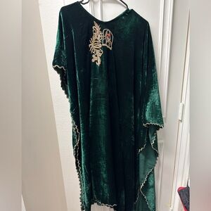 Green Velvet Pakistani Kaftan - Work on Neck